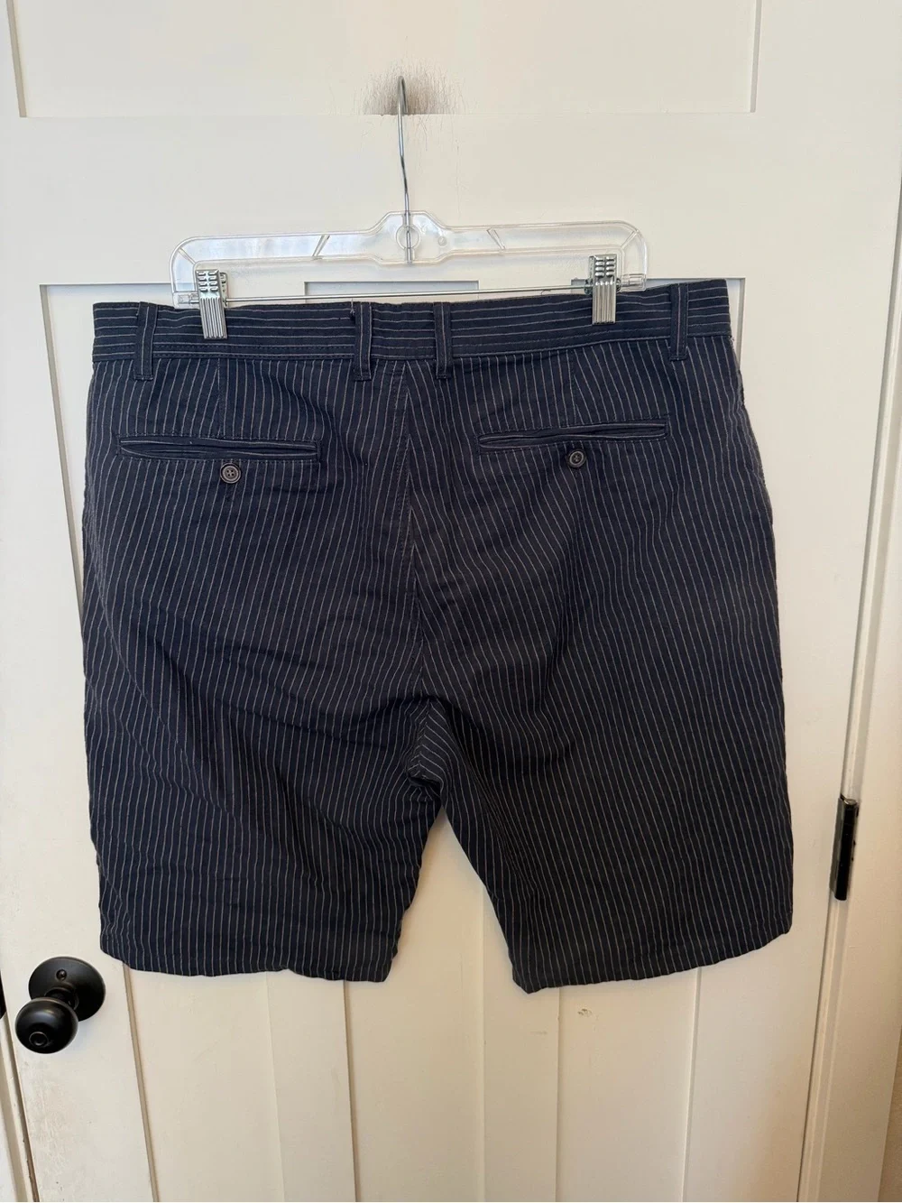 Koton navy blue pinstriped men's shorts flat front chinos natural fiber Size XL